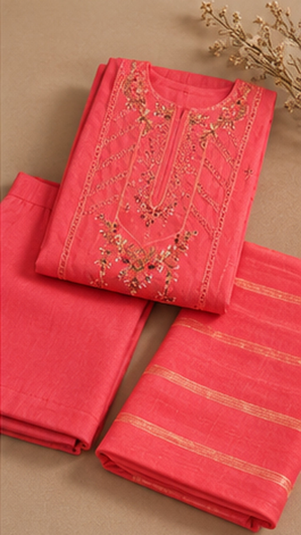 Coral Pink Embroidered — 3 Piece Suit