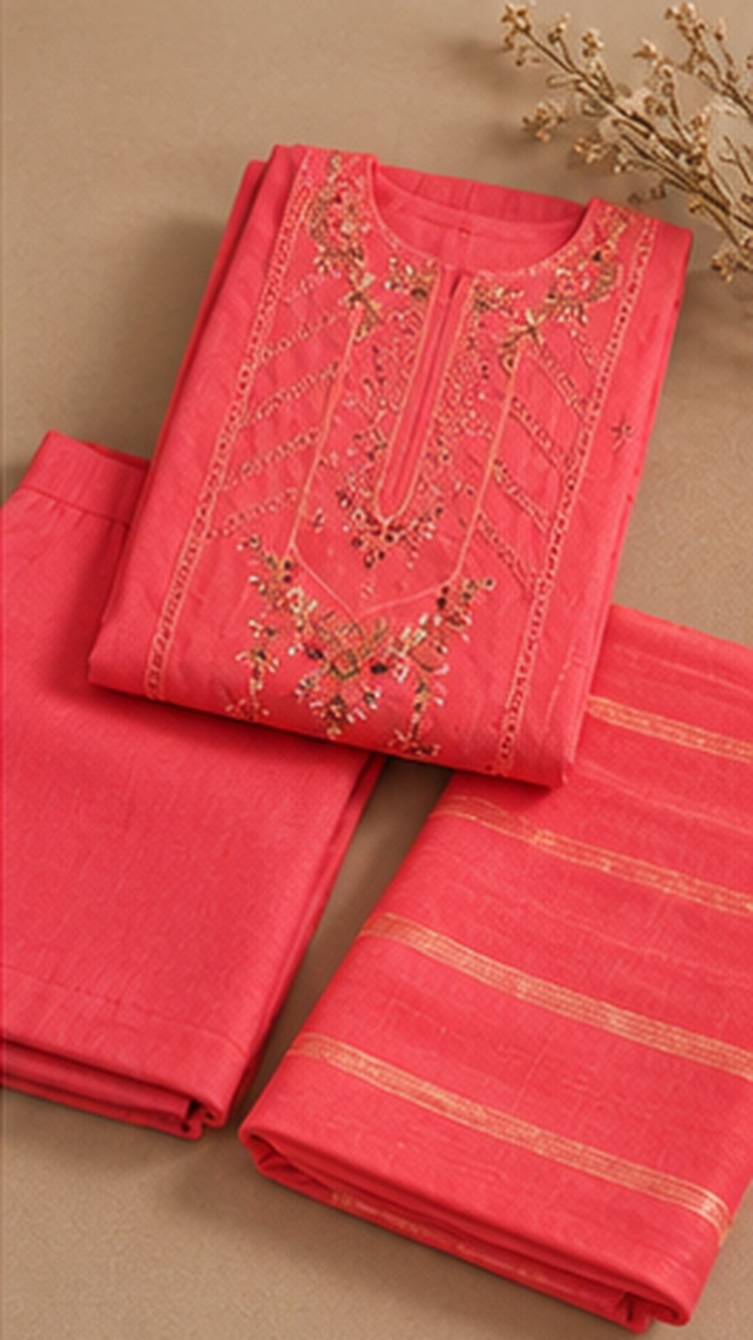 Coral Pink Embroidered — 3 Piece Suit