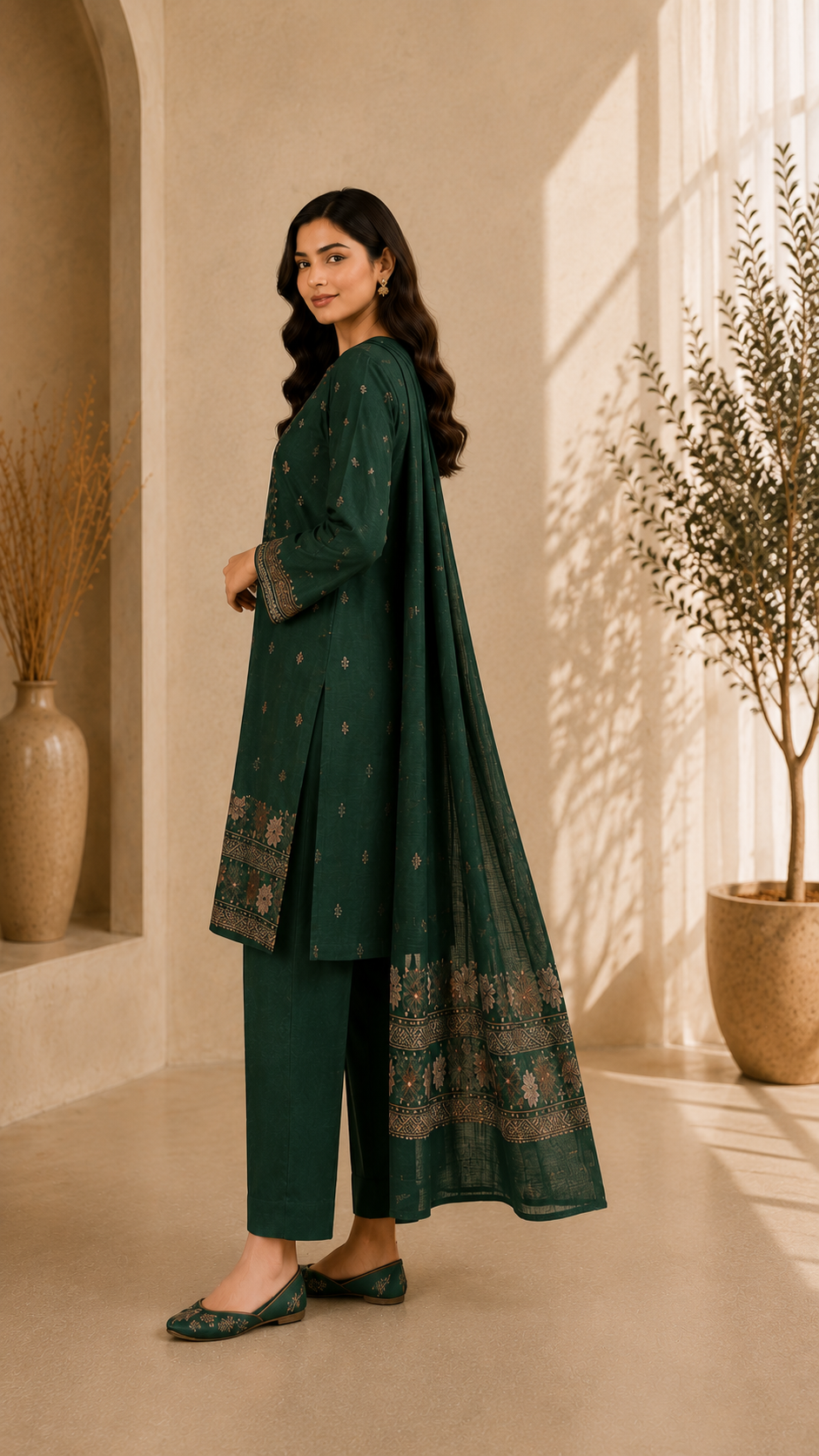 Bottle Green Embroidered Linen 3-Piece Unstitched Suit
