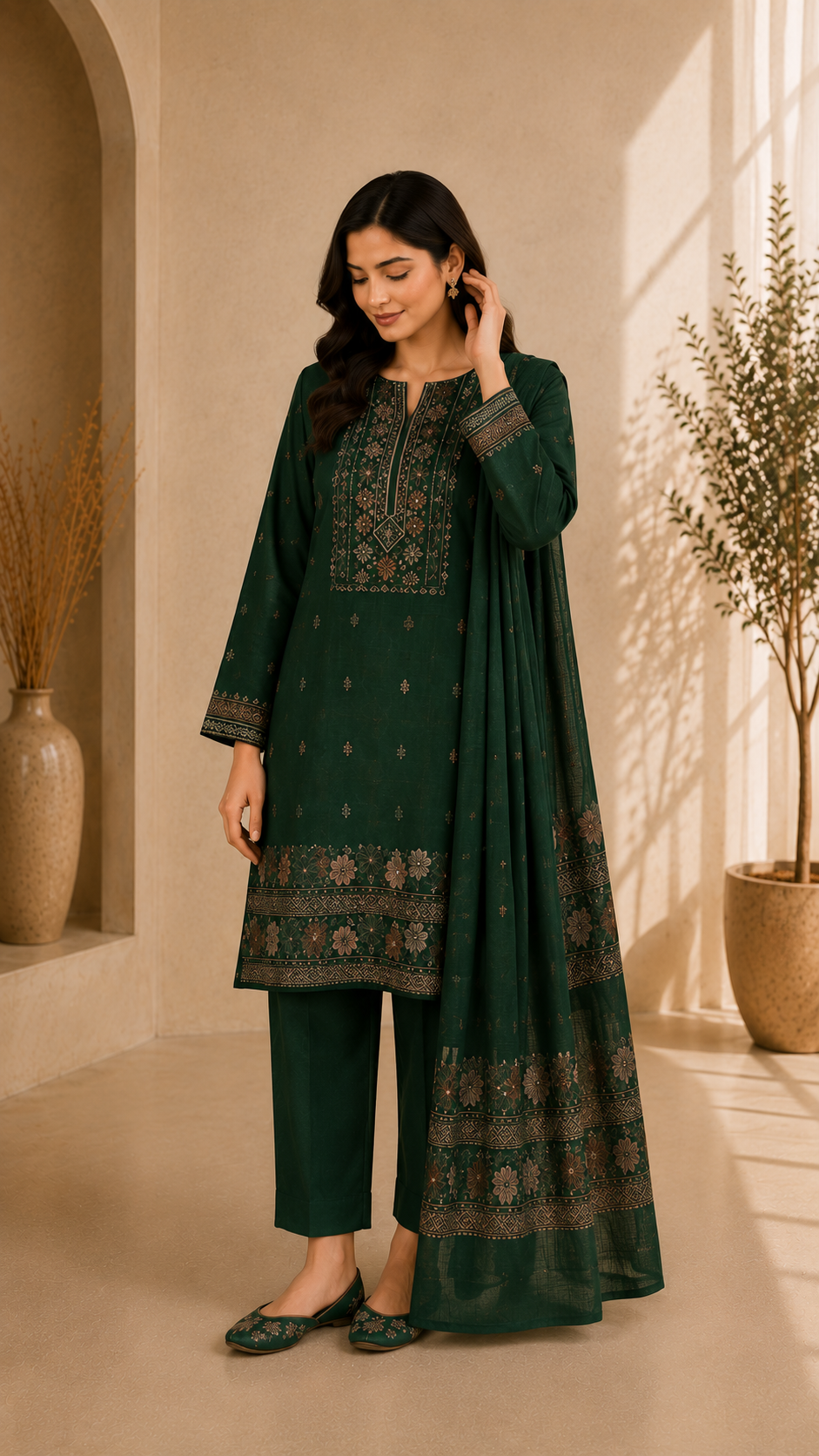 Bottle Green Embroidered Linen 3-Piece Unstitched Suit