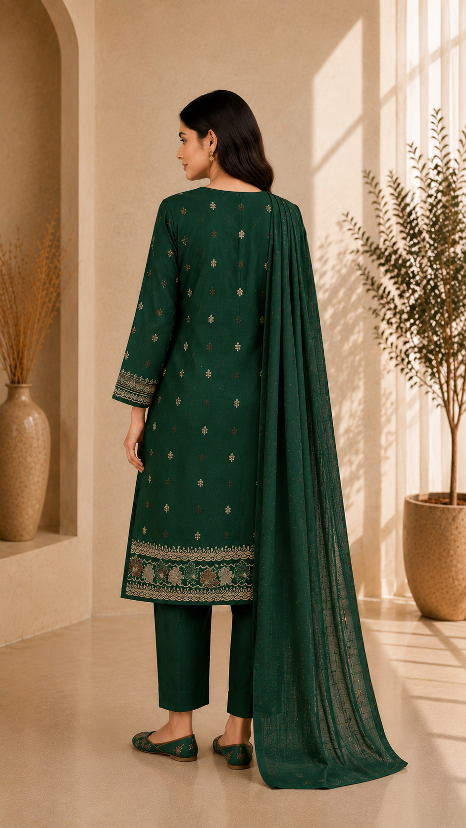 Bottle Green Embroidered Linen 3-Piece Unstitched Suit