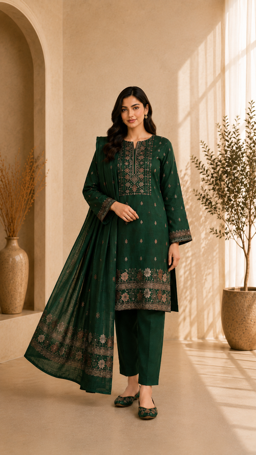 Bottle Green Embroidered Linen 3-Piece Unstitched Suit