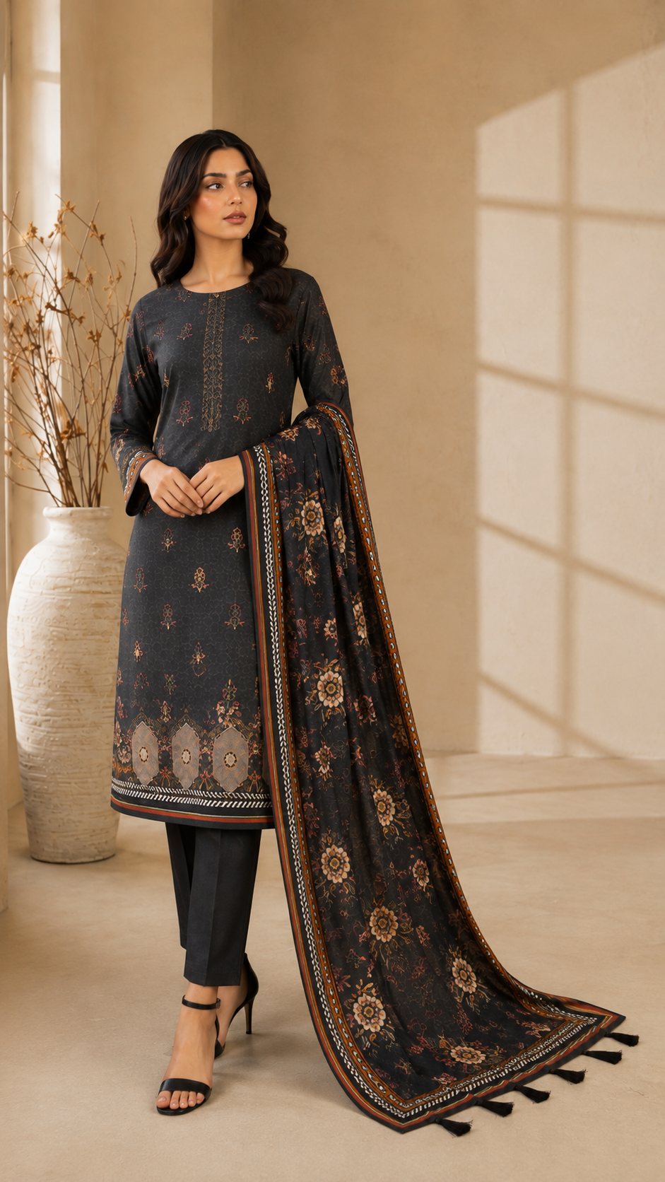 Charcoal Floral Printed 3-Piece Unstitched Suit