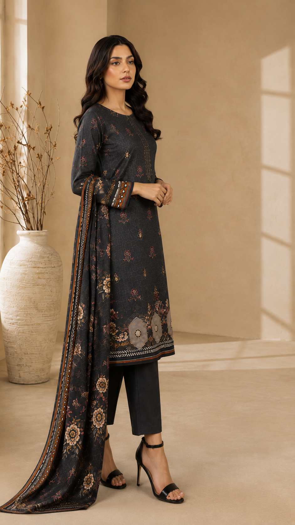 Charcoal Floral Printed 3-Piece Unstitched Suit