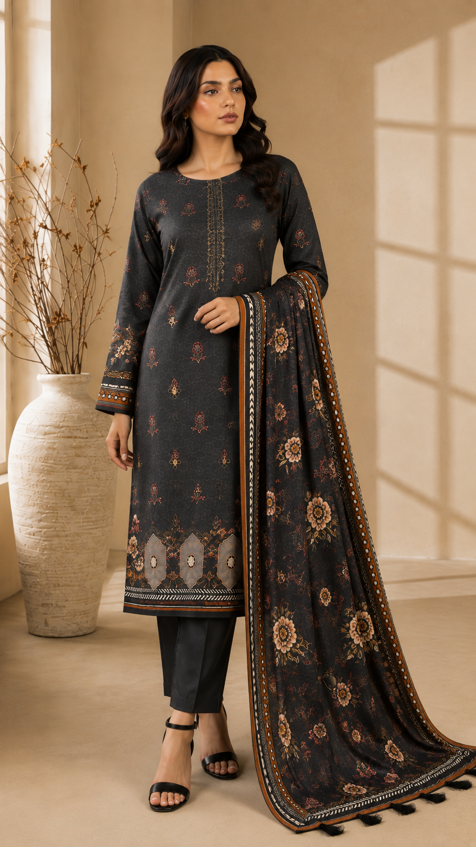 Charcoal Floral Printed 3-Piece Unstitched Suit