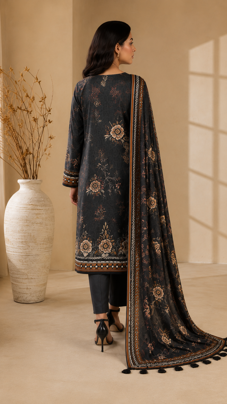 Charcoal Floral Printed 3-Piece Unstitched Suit