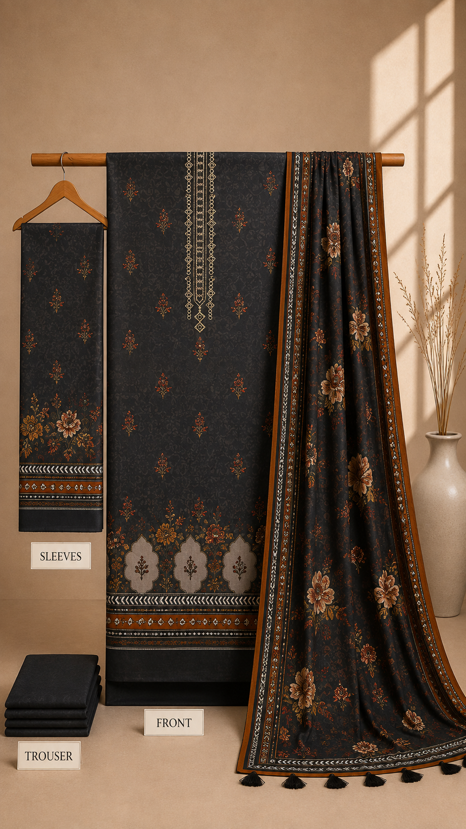 Charcoal Floral Printed 3-Piece Unstitched Suit
