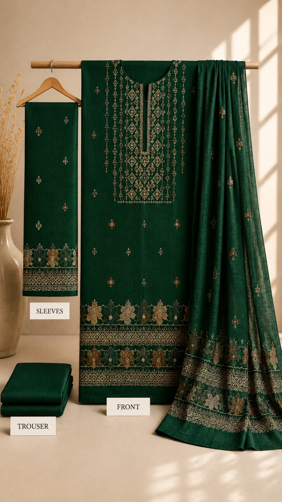 Bottle Green Embroidered Linen 3-Piece Unstitched Suit